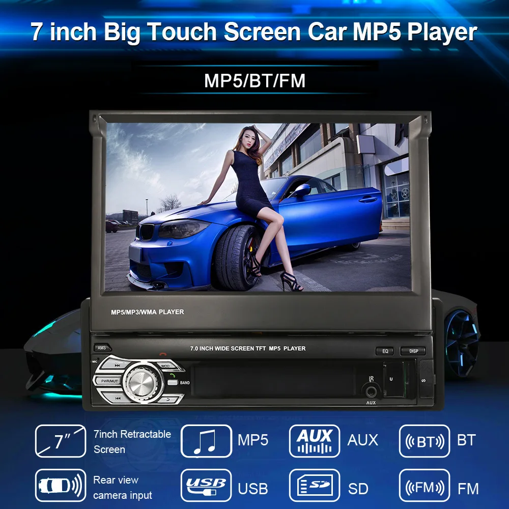 

universal 7'' Retractable Player Car Stereo Radio video Player Multimedia Entertainment with FM/MP5/USB/AUX/BT/Rear view Camera