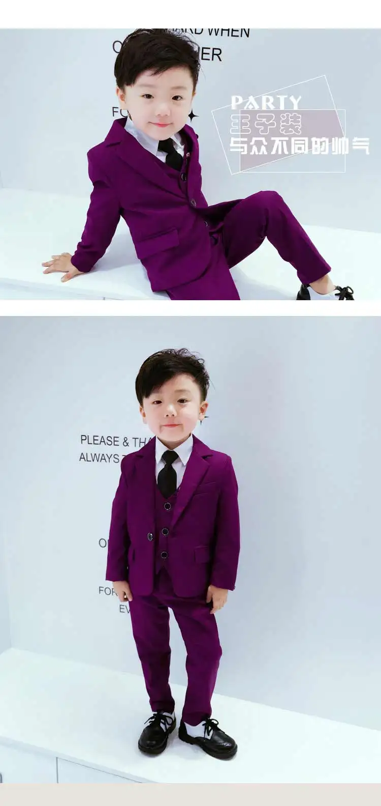 Твердые Фиолетовый Детский костюм с пиджаком, комплект одинаковых свадебных качественных цветок Костюм для мальчиков Одежда для малышей, набор из 4 частей галстуком-бабочкой пиджак, жилет, брюки, детский деловой костюм для мальчиков