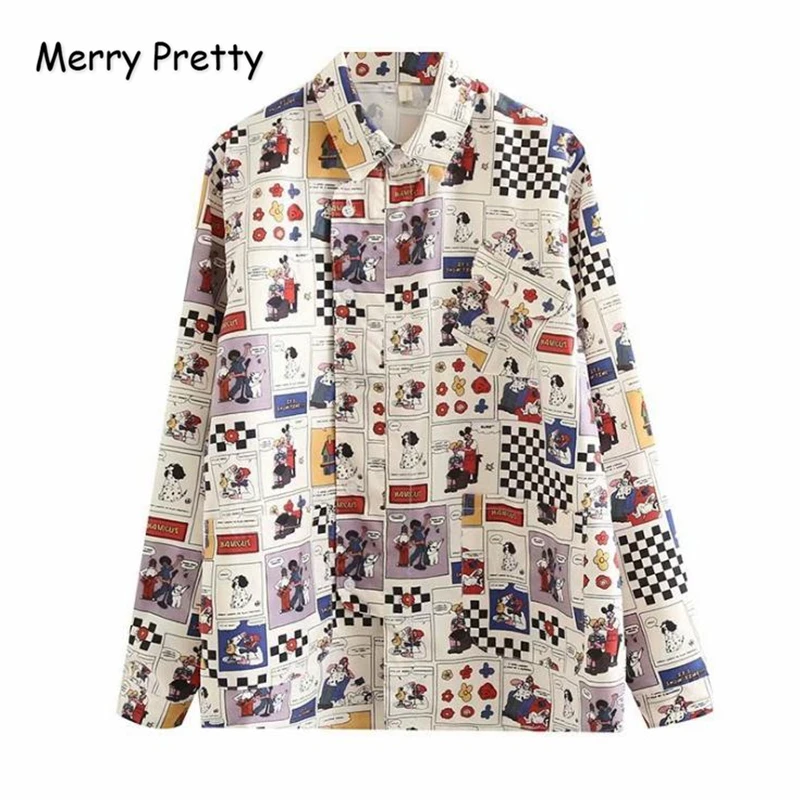 

MERRY PRETTY Women Cartoon Print Graffiti Blouses And Tops Long Sleeve Turndown Collar Fashion Harajuku Casual Basic Tee Shirts