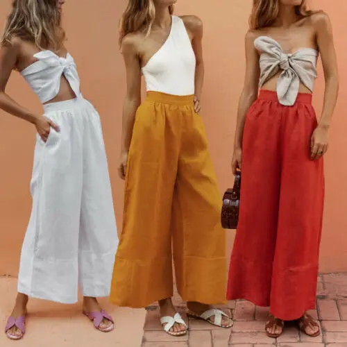 

Summer Autumn Cool Breif Solid Red Lady Womens Cotton Linen Wide Leg Casual Flared Pants Loose Palazzo Trousers Plain Clothes