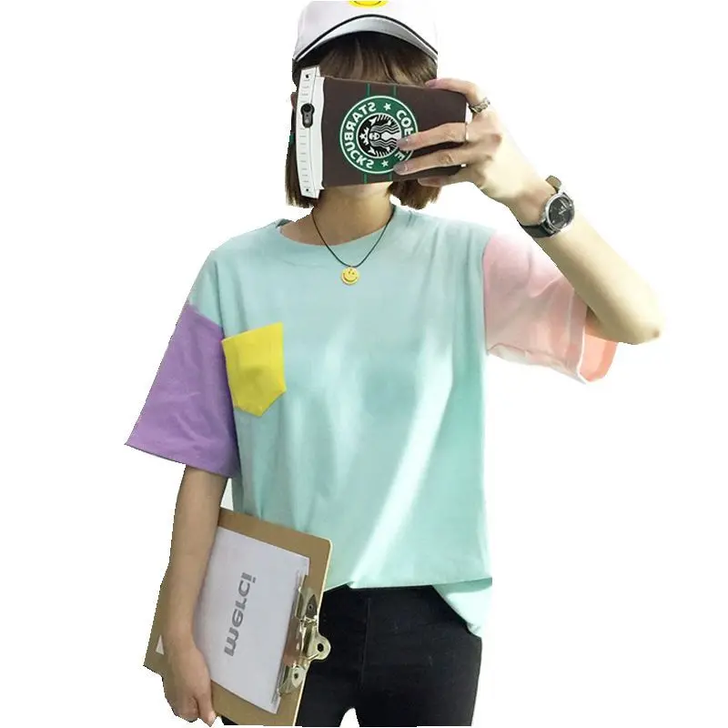 

2019 Summer Style Fashion Women Harajuku Patchwork T Shirts Kawaii Casual Cotton Spell Color Patchwork De Mujer Free Shipping
