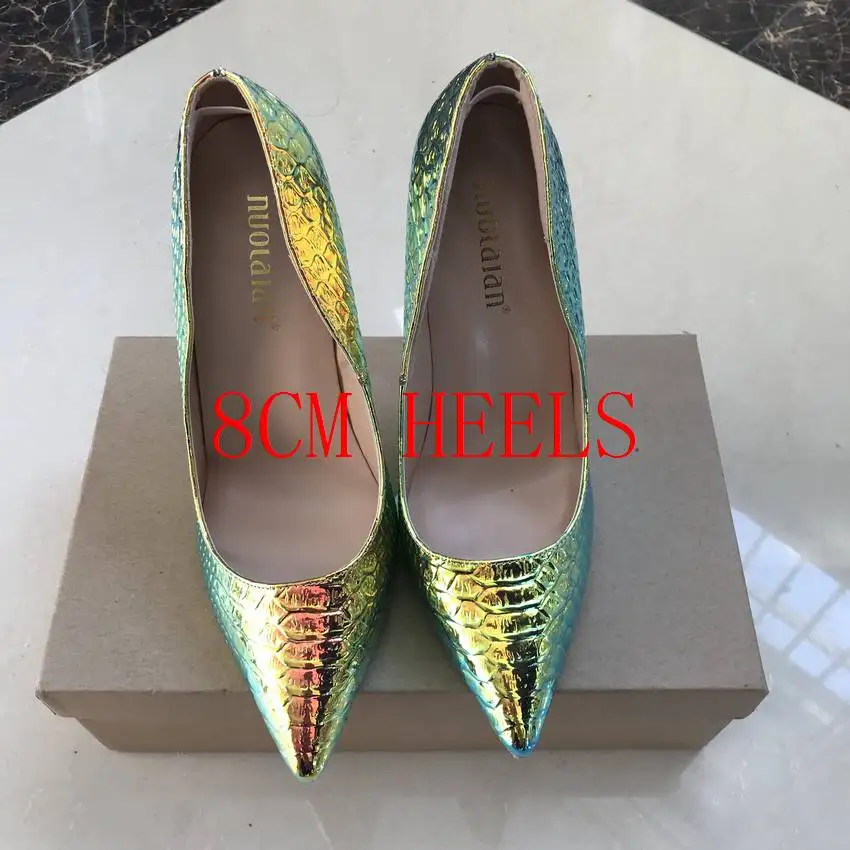 Брендовая обувь; женские туфли на высоком каблуке 12 см; туфли-лодочки со змеиным принтом; женская обувь на высоком каблуке; пикантные свадебные туфли на шпильке - Цвет: LSW-AL green8cm