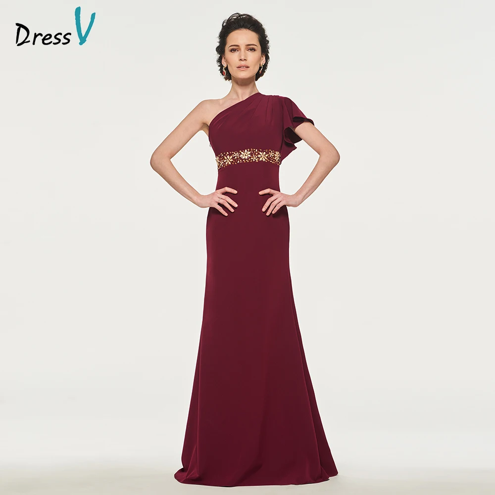 Dressv burgundy mother of bride dress one shoulder beading floor length