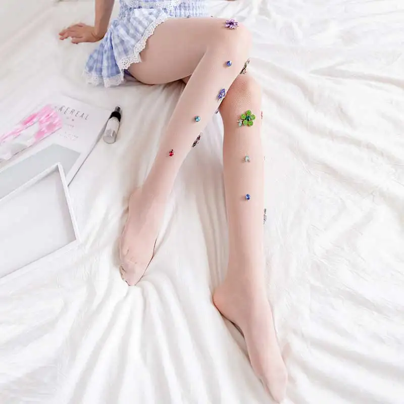 Для женщин Kawaii с цветами и стразами раскаты колготки Лолита Необычные Brillant