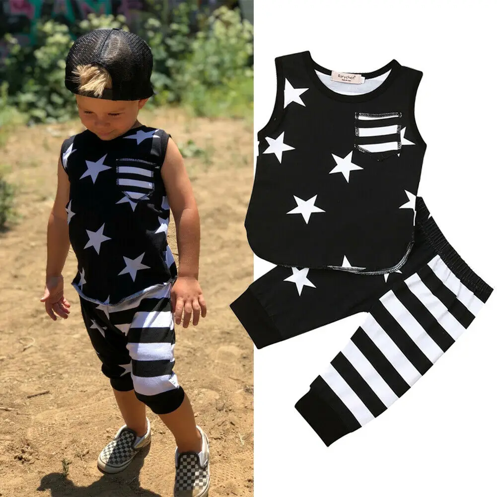 

2Pcs Newborn Kids Baby Boys Set Clothes Sleeveless Striped Print Tops Pants Outfits 0-3Y