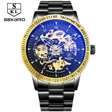 Hot Sale Luxury Golden Luminous Automatic Mechanical Watch For Male Hollow Skeleton Dial Black Stainless Steel Band Wristwatches