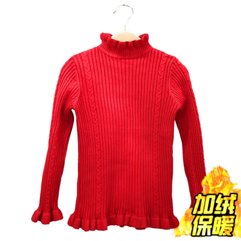 Add wool Red Свитер для девочек; сплошной цвет оборки; свитера с рукавами; Осенняя Модная трикотажная одежда для девочек; зимние топы для маленьких девочек; теплая одежда - Цвет: Add wool Red