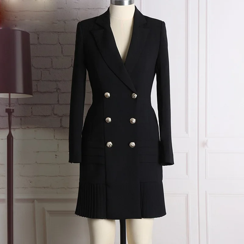Women Fashion Elegant Office Lady Suit Dress V Neck Long Sleeve Double Breasted Jacket Outwear Pleated Slim Coat Skirt