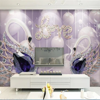 

beibehang Custom photo mural LOVE swan jewelry blue diamond wall background beautiful romantic wallpaper papel de parede 3d