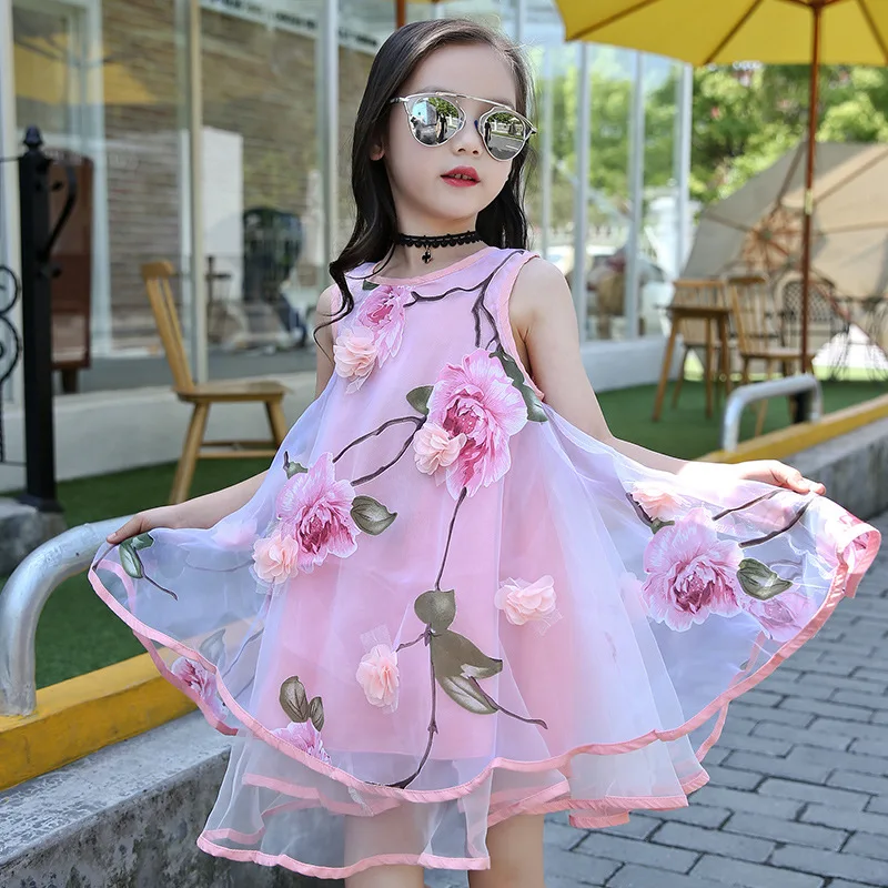 Для девочек-подростков, Платье с цветочным узором Летняя Одежда для девочек детский розовый костюм с рисунком; платье принцессы без рукавов; многослойное вечерние платье для 6,7, 8,9, 10,11, 12,14 лет - Цвет: Pink