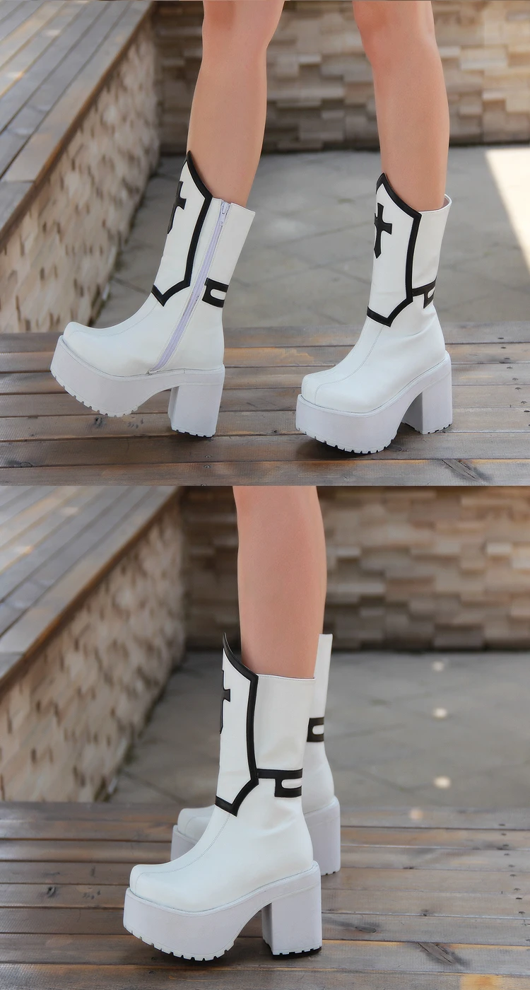 Ботинки Лолиты в готическом стиле «панк» на блочном каблуке 8 см; цвет черный, белый; ботинки для костюмированной вечеринки до середины икры на платформе