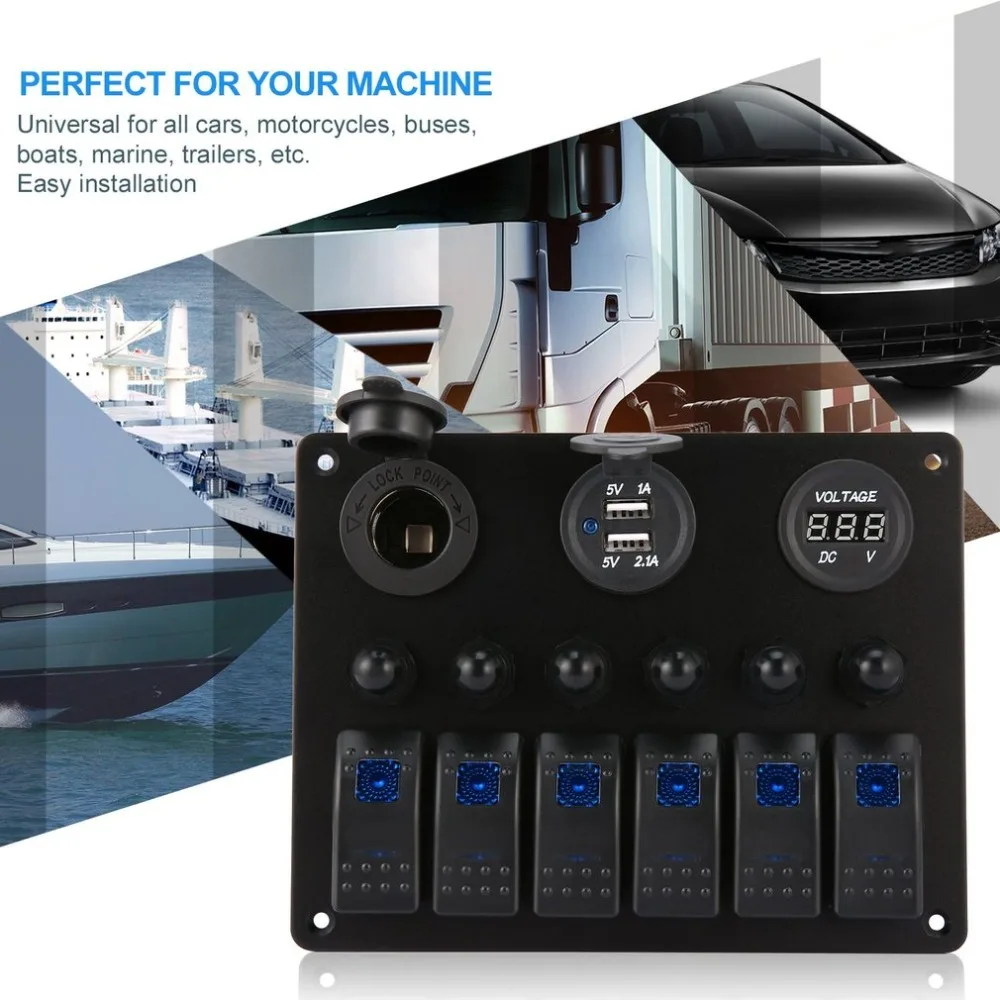 

Hot 6 Gang Car Marine Boat LED Switch Panel Waterproof Rocker Switch Control with Digital Voltmeter Dual USB Charger