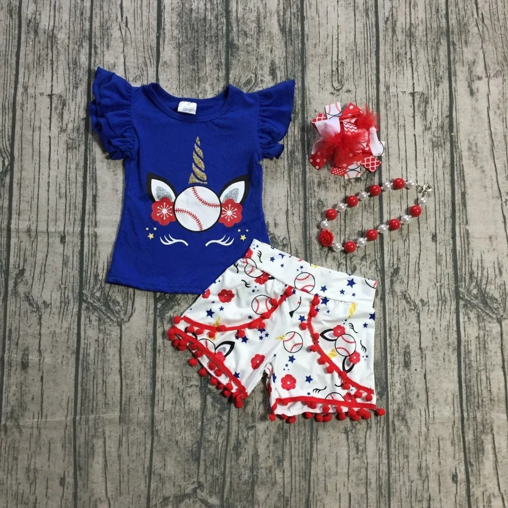

Baseball season royal red baseball unicorn shorts sleeve ruffle milk silk baby girls boutique clothing match with accessories