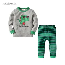 

mimiwinga Baby boy set autumn children's suit cotton cartoon Casual clothes long-sleeved t-shirt + stripe pants Kids sets