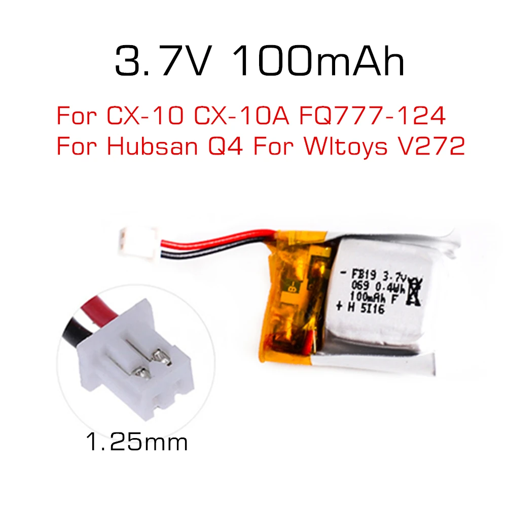 10 шт./лот CX-10 3,7 V 100 мА/ч, Батарея для Cheerson CX-10A FQ777-124 Wltoys V272 V282 V292 Hubsan Q4 H111 мини-Квадрокоптер с дистанционным управлением Запчасти