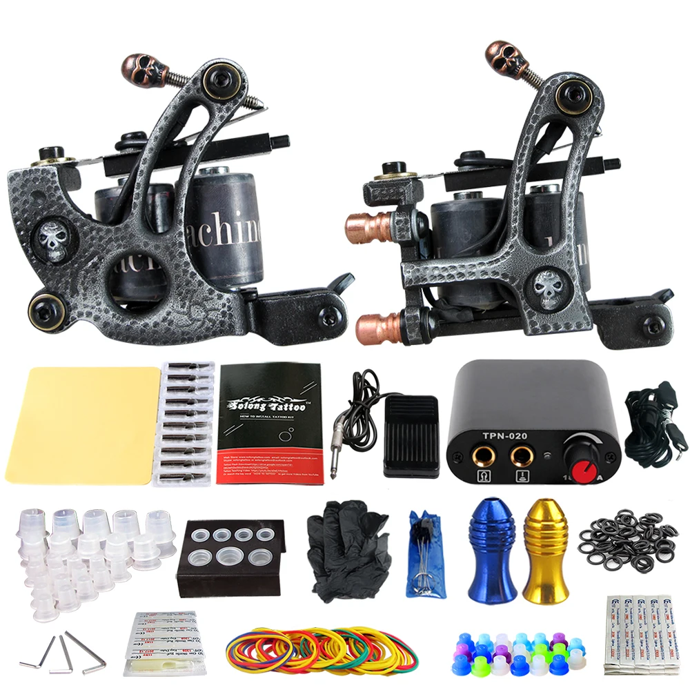 

Solong Tattoo Beginner 2 coil Tattoo Machine Guns Kits Power Supply Foot Pedal 20 Needles Grip Tip Ink Cup TK201-27