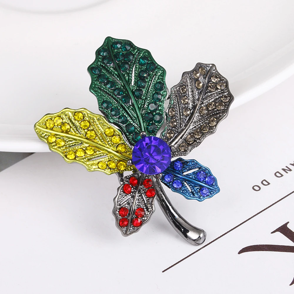 JUJIE Multicolor Leaf Brooches For Women Fashion Flower Crystal Brooch