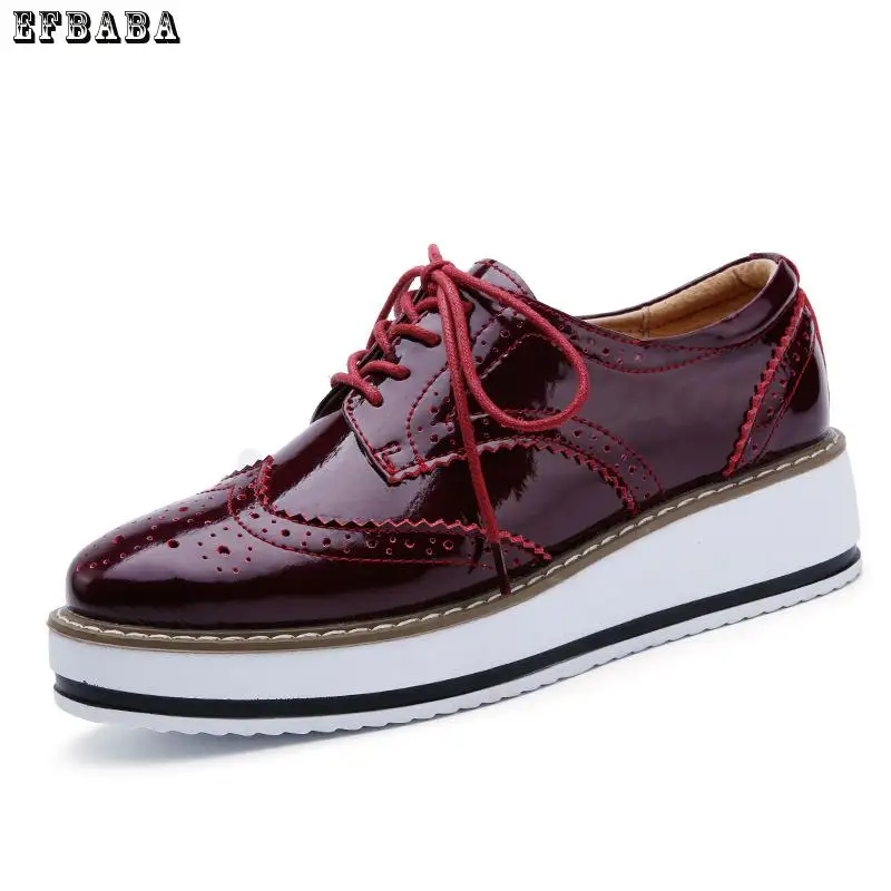 

EFBABA Genuine Leather Women Casual Shoes Lace-up Bullock White Shoe Med (4.5cm) Leisure Women's Shoes 2018 New Zapatos De Mujer