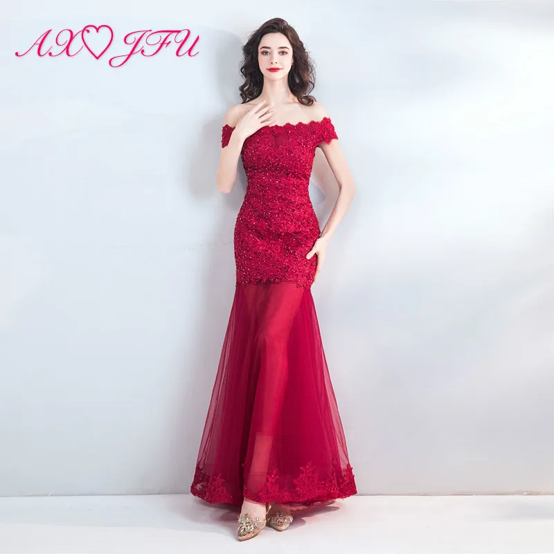 AXJFU Spring red flower trumpet evening dress Korean red lace beading mermaid evening dress