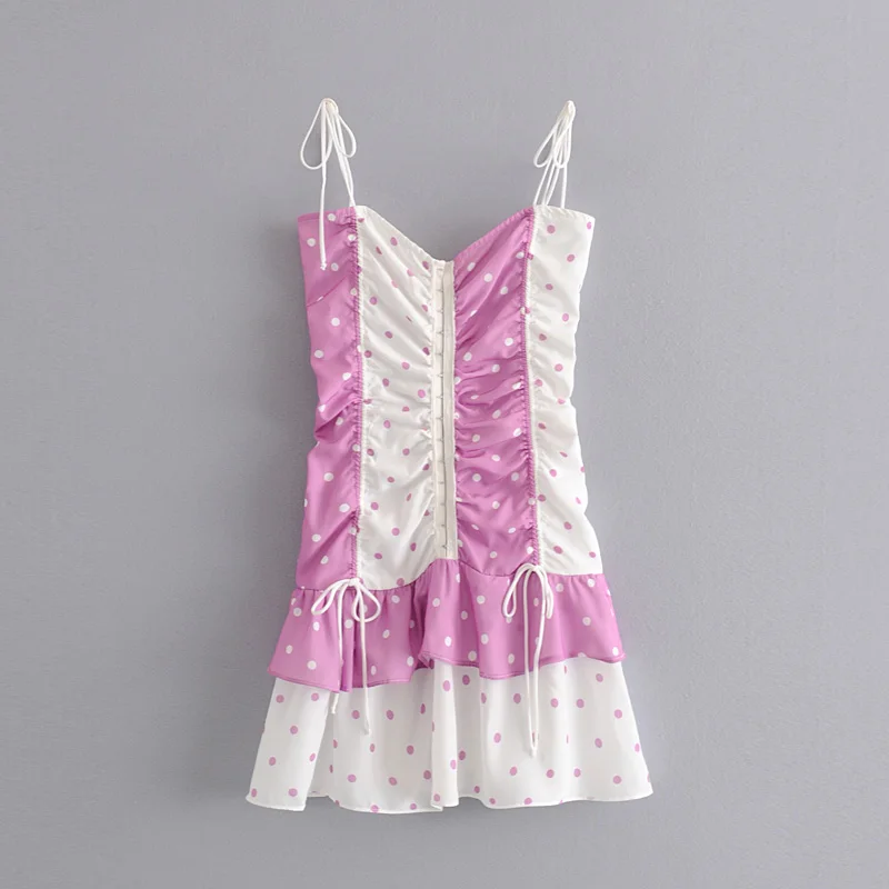 

Sweet Girls Contrast Colors Polka Dot Print Patchwork Ruffles Strap Mini Dress Cute Women Sexy Strapless Lace-Up Sling Dresses