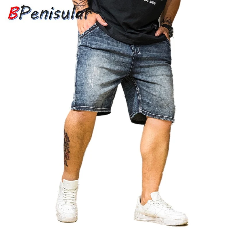 Мужские короткие джинсы больших и высоких размеров тонкие синие средней длины в