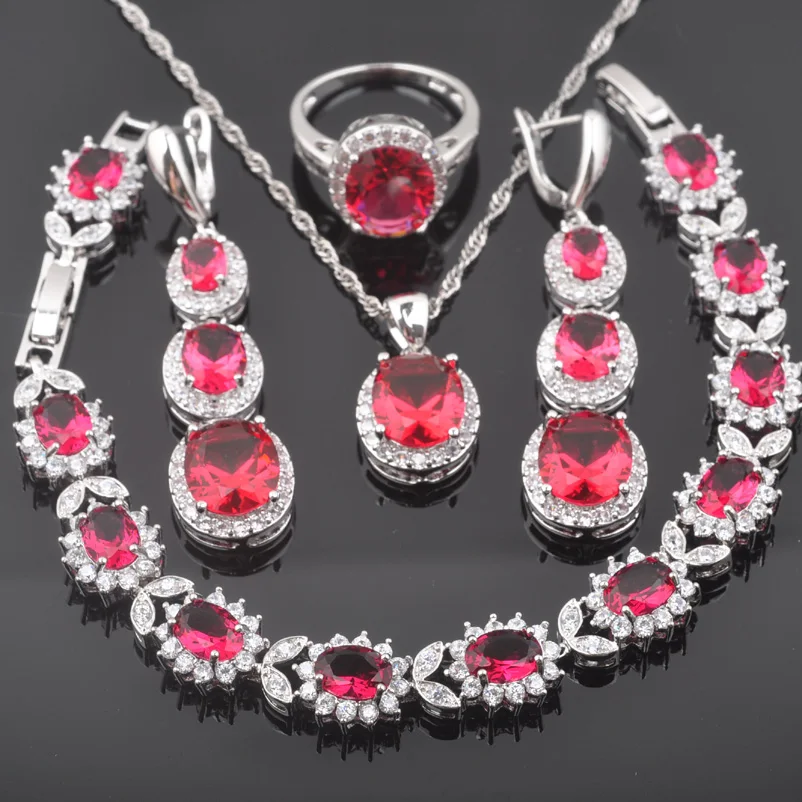 

Rose Red Crystal Jewelry Set For Women Bridal Jewelry With Bracelet Silver Color Necklace Pendant Earrings Ring QS0124