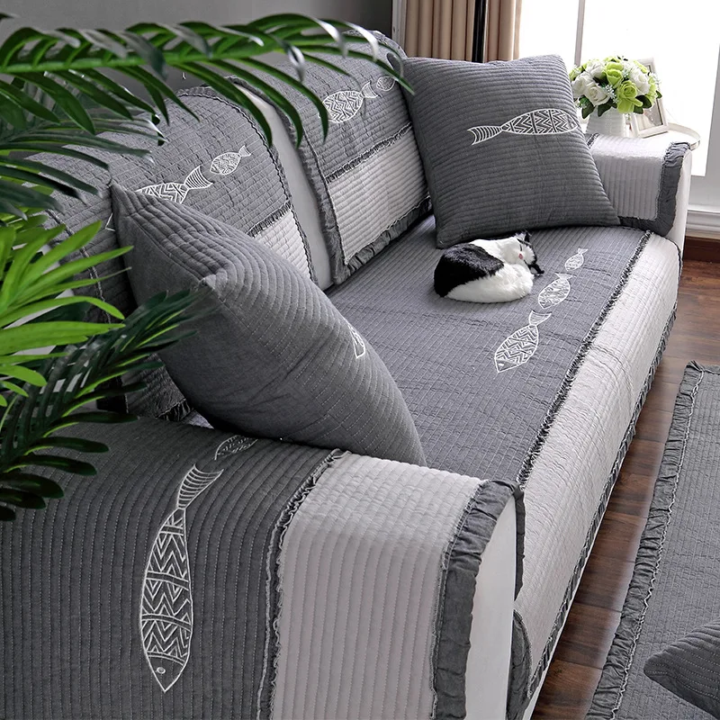 

Cotton Embroidered Sofa Cover Couch Cover Gray Saury Pillowcase Four Seasons Fabric Cotton Washed Slip Seat Pad Towel