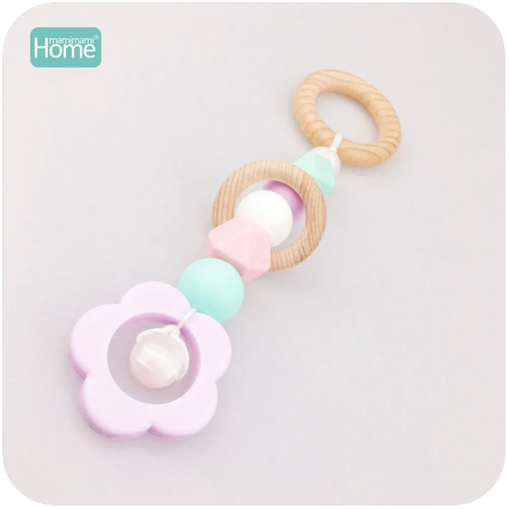 

MamimamiHome Baby Play Gym Toy Pram Toy Toddler BPA Free Silicone Flower Teething Beads Beech Wooden Ring Baby Rattle