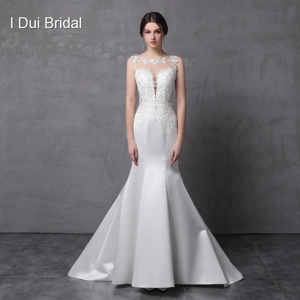 Satin Lace Mermaid Wedding Dress Illusion Back Sleeveless Bridal