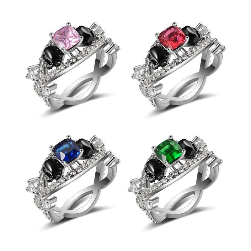 

ERLUER Retro Gothic Skull Rings For Women Silver Black Color CZ Crystal Skeleton Fashion Jewelry party Punk Style gift Ring Band