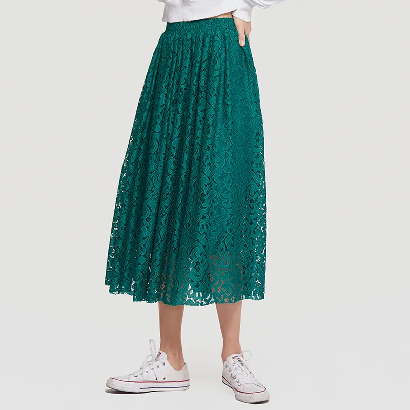 

AcFirst Green Red Blue Women Skirts High Waist A-Line Mid-Calf Long Skirt All-match Lace Clothing Plus Size Office Skirts