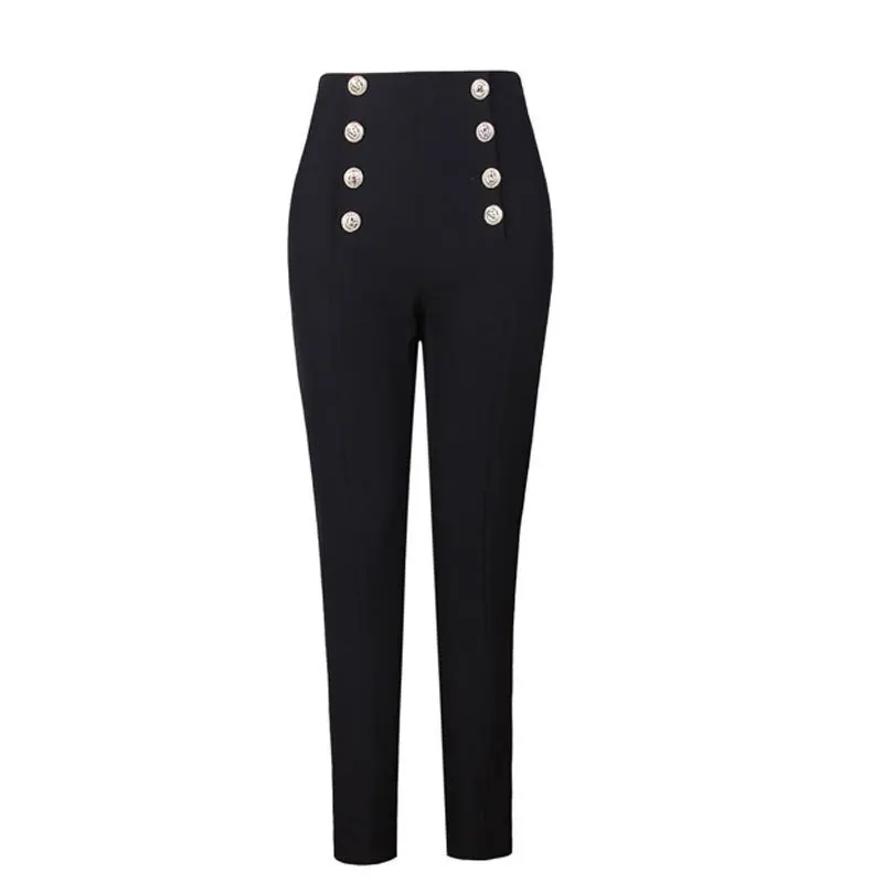 

2020 Hot Selling Popular Style Elegant Women Solid Color Black & White Buttons Slim Penci Pants All-match Ankle-Length Capris
