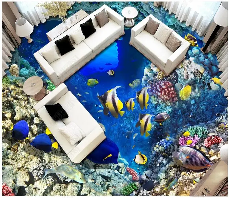 На заказ фото 3d напольное покрытие ПВХ самоклеющиеся пол морской мир пещера Тропические рыбы домашний декор гостиная обои для стен 3 d