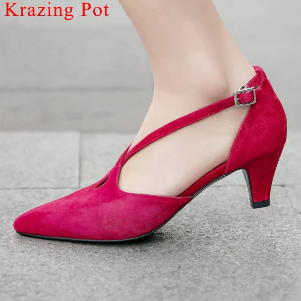 

Krazing Pot elegant lady kid suede spike high heels oxford pointed toe buckle strap hollow summer sandals plus size shoes L34