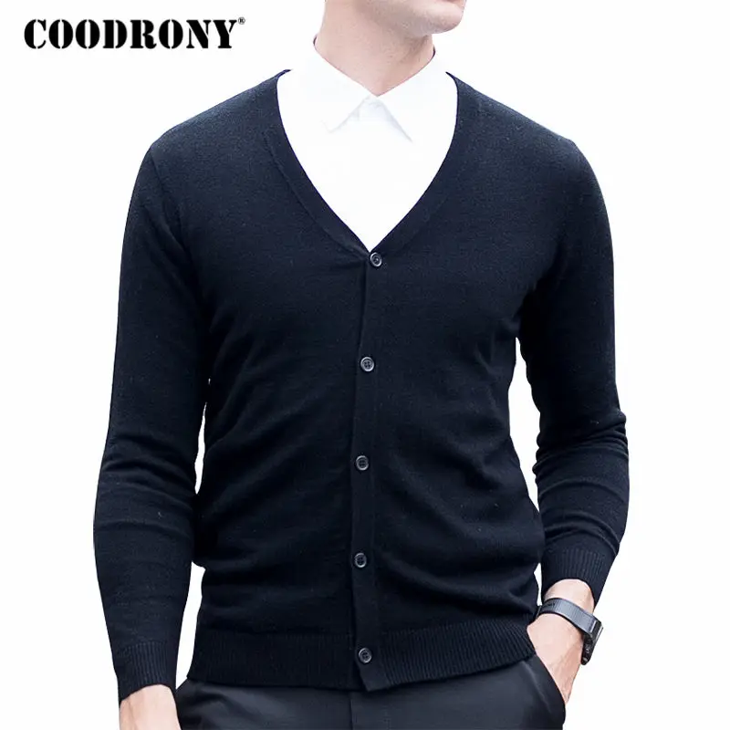 COODRONY كنزة من صوف ميرينو الرجال الخريف الشتاء الدافئة محبوك سترات كشميرية Masculino الكلاسيكية عارضة الخامس الرقبة سترة الرجال 7330