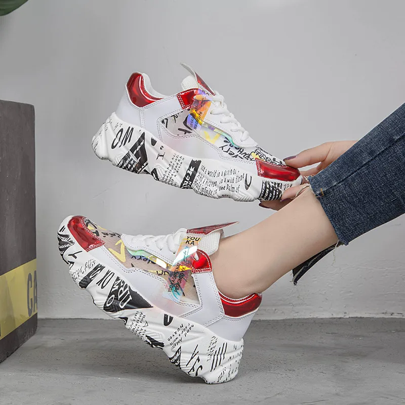 Fujin Summer  Network Red Laser Daddy Sneakers Dropshipping Female Hundred Heel Thick Bound Breathable Daddy Shoes Ins Tide
