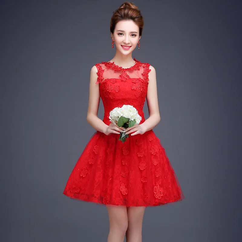 Элегантные линии Кружева Красный платье подружки невесты 2016 Совок рукавов лук талии свадебное платье