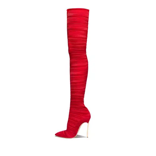 Модные женские высокие сапоги выше колена; цвет красный, черный; женская обувь на высоком металлическом каблуке золотистого цвета; высокие сапоги до бедра с острым носком