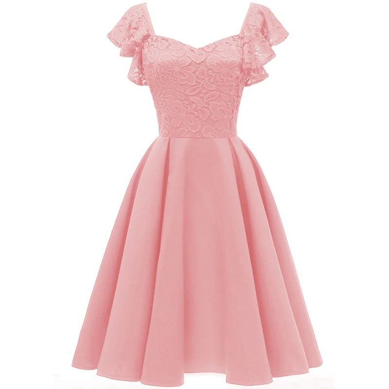 1950s винтажное свободное платье, женское кружевное платье, v-образный вырез, без рукавов, оборки сзади, молния, высокая талия, элегантное ТРАПЕЦИЕВИДНОЕ ПЛАТЬЕ для вечеринок, женские платья - Цвет: Розовый