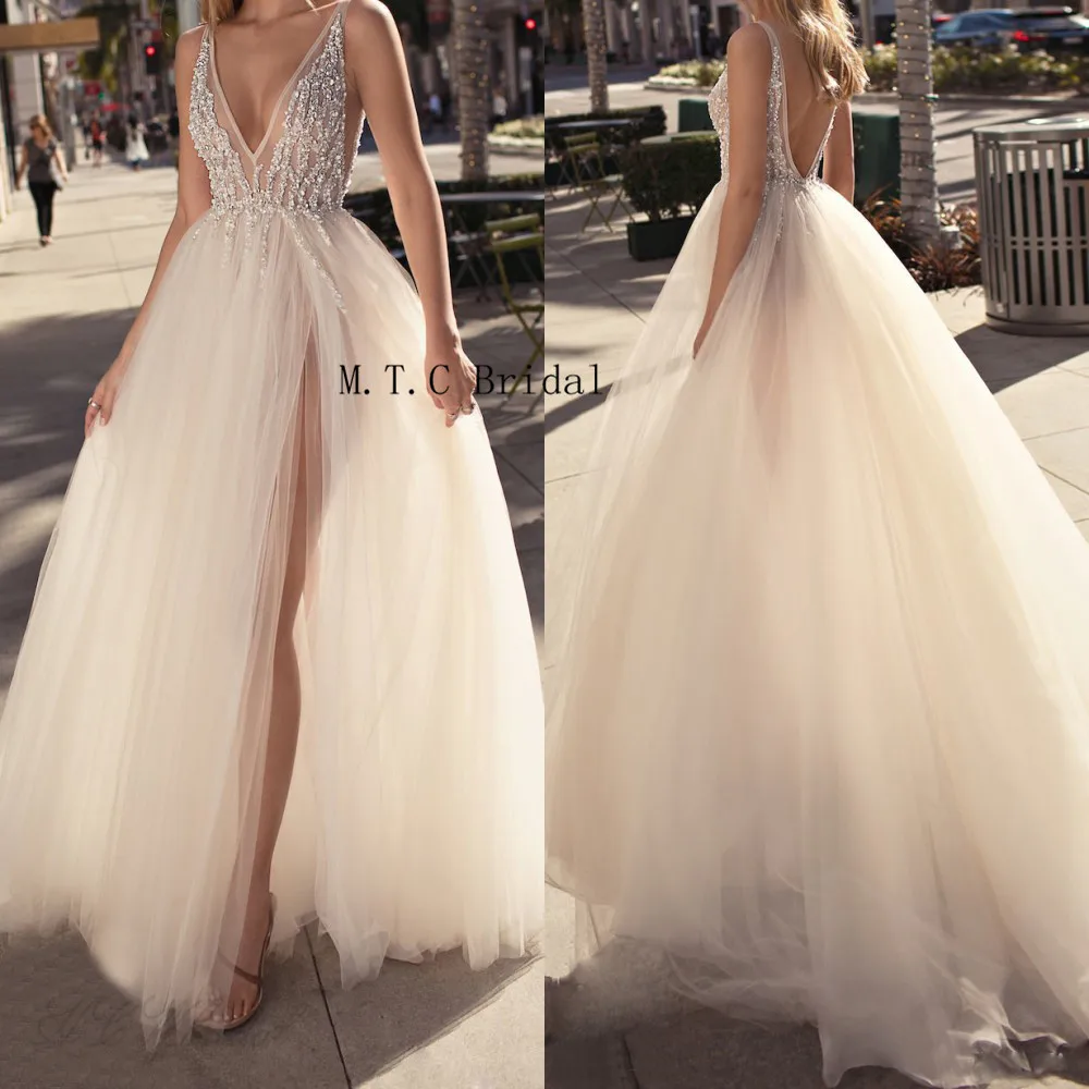 

Charming Ivory Beaded Tulle Backless Evening Dress High Split A Line Sexy Women Prom Gown 2019 Custom Made Formal Occasion Dress