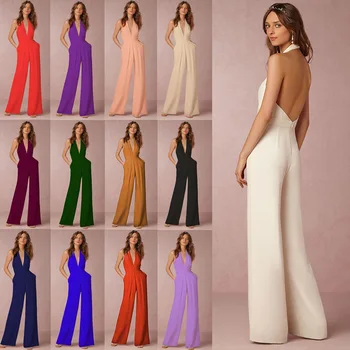 

Sexy Backless Halter Deep V Neck Boot Cut Jumpsuit Women Ladies Elegant Party Club Overalls Black White Rompers Womens Jumpsuit