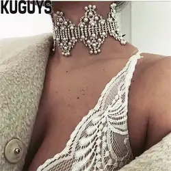 Kuguys кристаллы ювелирной Роскошные Ожерелья с жемчужинами Для женщин Винтаж геометрический Strand Чокеры Ожерелья для мужчин вечерние