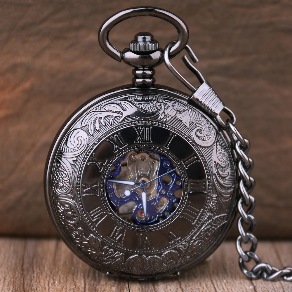 Классический Скелет синий римские цифры набора Механические карманные часы ручной Ветер карманные часы Брелок Сеть для Для мужчин relojes
