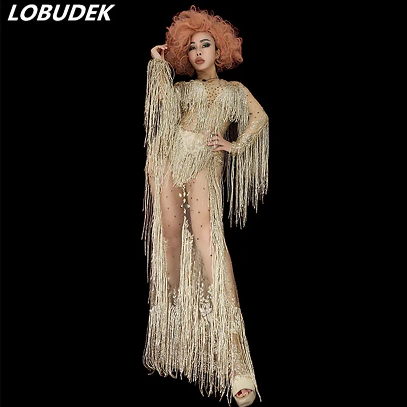 

Sexy Gold Crystals Tassels Perspective Long Dress Bar Nightclub Female Singer Costume Birthday Party Show Celebration Stage Wear