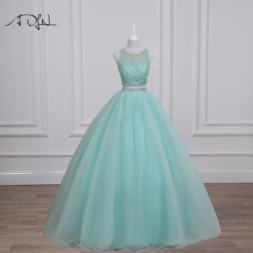 Quinceanera Dresses Mint Green Real Photo Gorgeous Beaded Sequin Crystal Two Piece Prom Sweet 16 Debutante ADLN