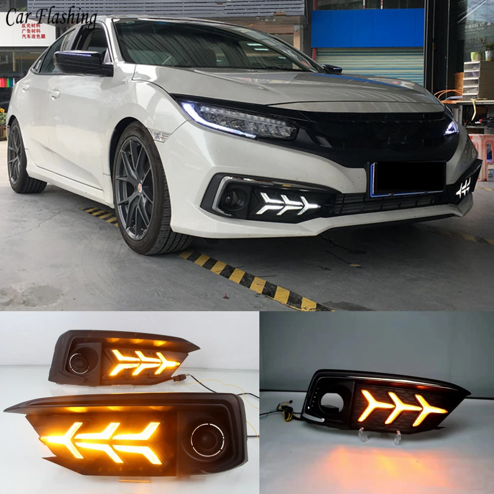 

1Set LED DRL for Honda Civic 2019 2020 sedan with moving signal led fog lamp cover daytime running light with Fog Lamp hole