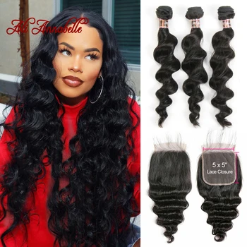 

Peruvian Loose Wave Bundles With Closure 5*5 Lace Closure 4Pcs/Lot Human Hair Weave 3 Bundles With Closure 5x5 Lace
