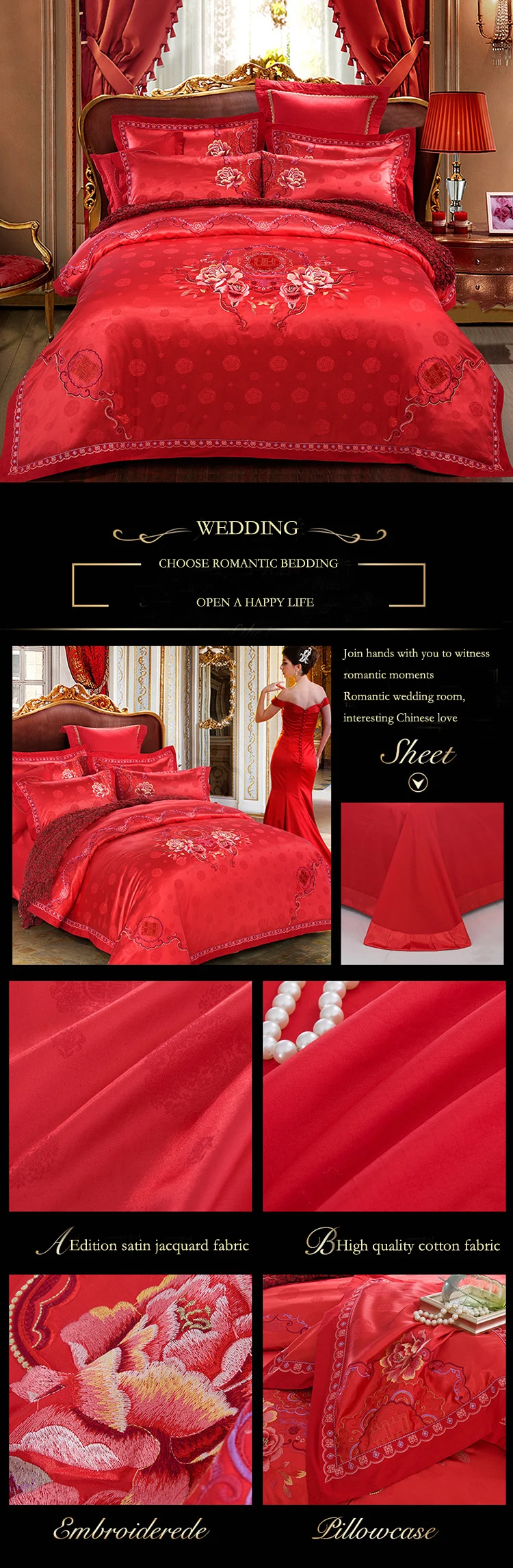 2018 luxury bedding set king size cotton romantic love wedding bed cover festive embroidery duvet cover bed sheets 4pcs red bed linen drap de lit 7
