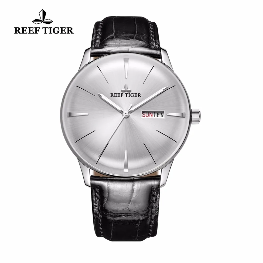  Reef Tiger/RT Classic Casual Watches with Date Day Steel Automatic Watches Convex Lens Genuine Leat