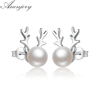 

Anenjery Simple Silver Color Christmas Jewelry Antler Deer Pearl Earrings For Women Girl Gift S-E628